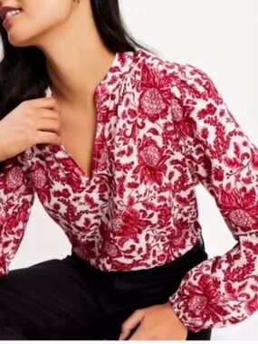 LOFT Floral Blouse Red White V-Neck Long Sleeve Top - Size M